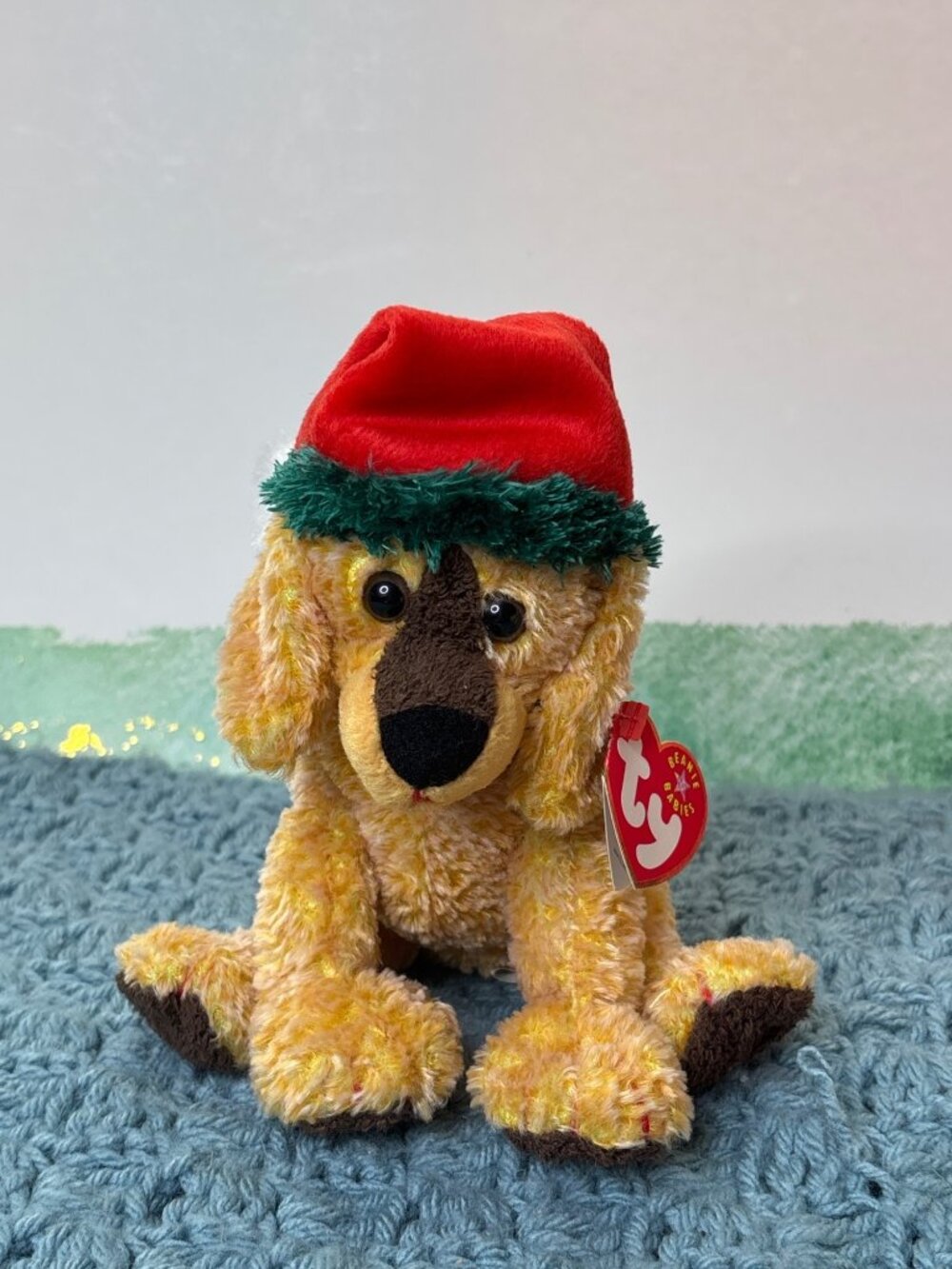 Vintage 2001 Ty Jinglepup Beanie Baby Plush Stuffed Animal Santa Hat 6 inches